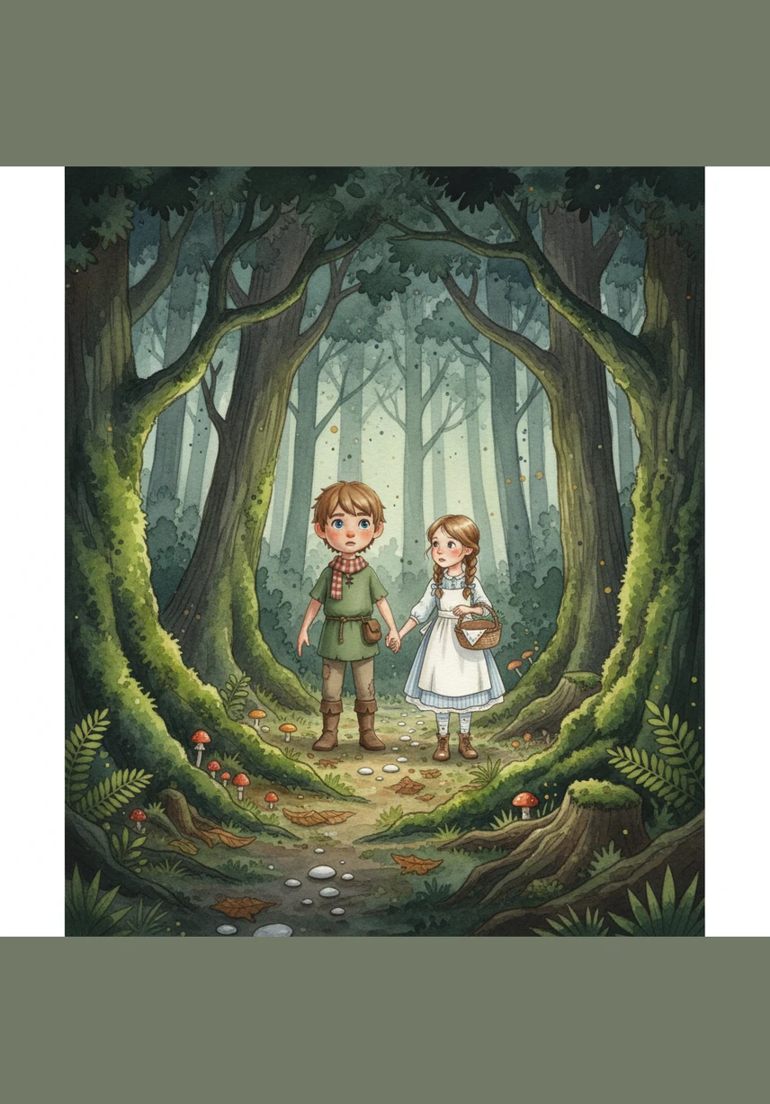 As they venture deeper, Hansel drops glowing neon pebbles that leave a trail of soft blue light on the mossy ground. Gretel consults a floating holographic map, her face illuminated by its gentle golden radiance.