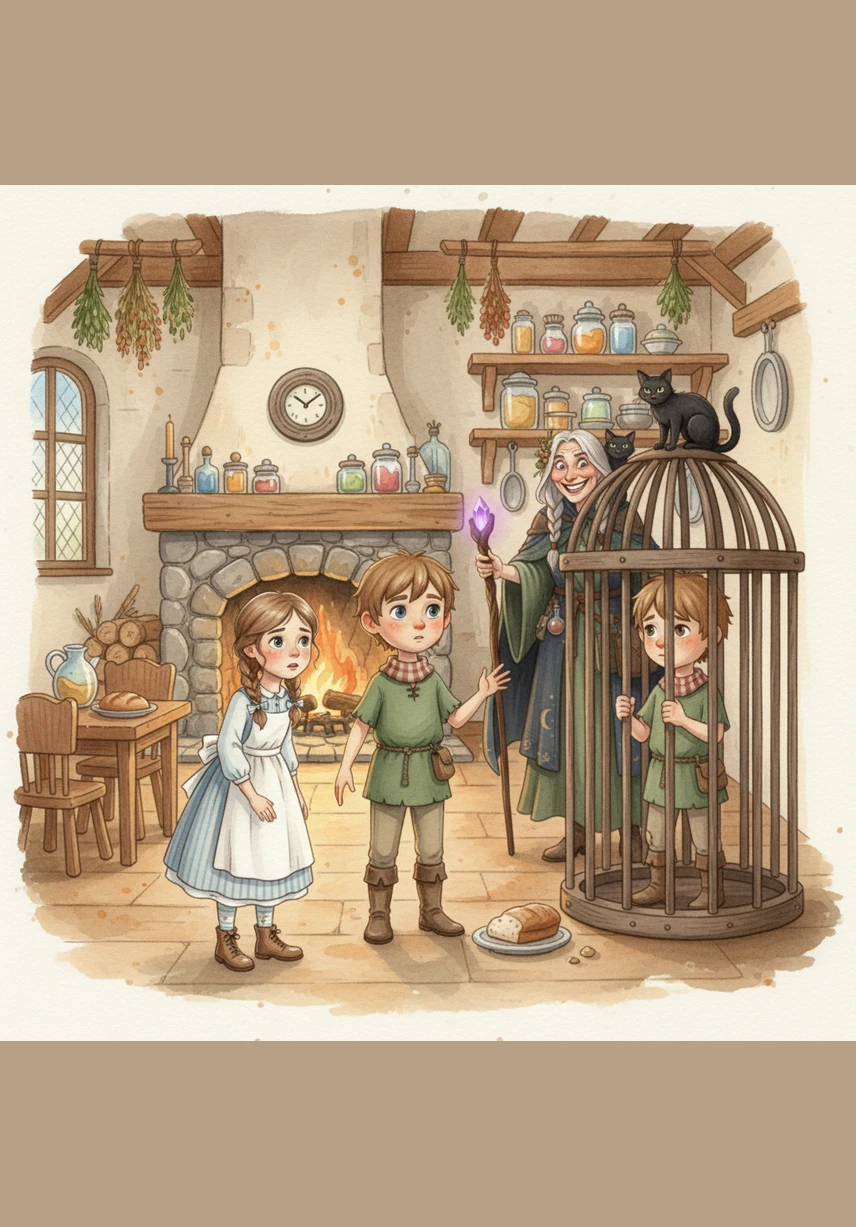 A kind-looking old woman with hair like pink cotton candy greets them at the gingerbread door, offering a tray of sparkling treats. The interior of her home is a wonderland of licorice furniture and chocolate fountains.