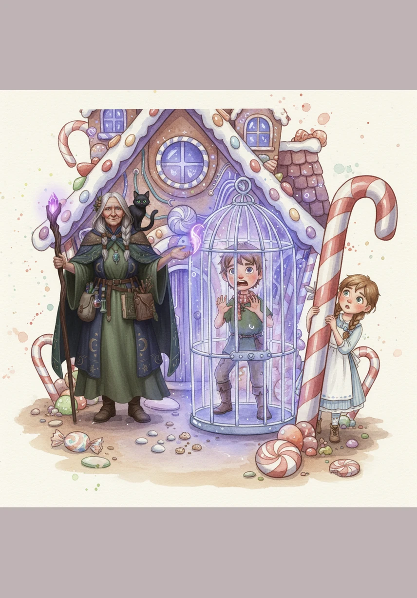 The next morning, the whimsical atmosphere turns chilly as the woman traps Hansel in a shimmering energy cage. Gretel watches from the shadows, realizing the candy house is a high-tech trap designed to lure unsuspecting travelers.