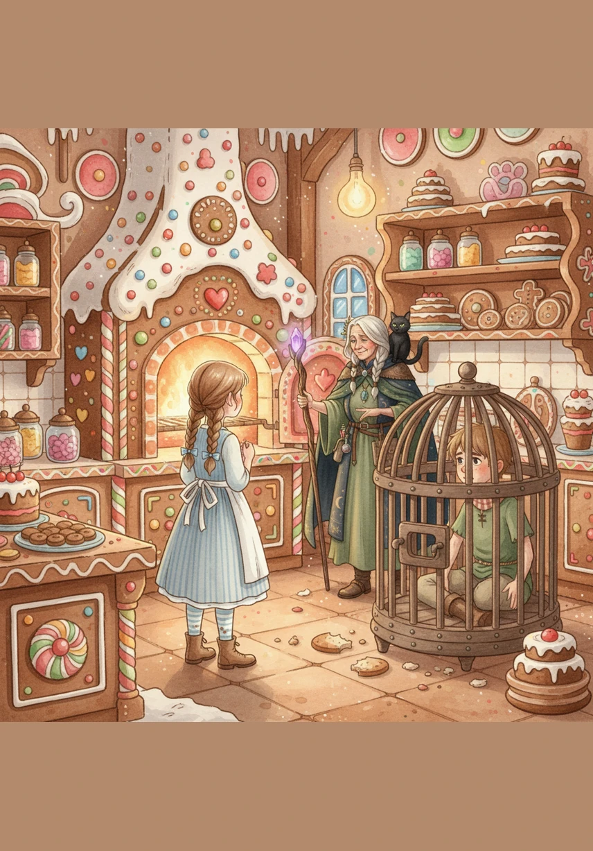 The witch begins preparing a massive, glowing cauldron that bubbles with a mysterious pink mist. Gretel moves stealthily through the kitchen, using her cleverness to look for a way to override the witch's magical controls.