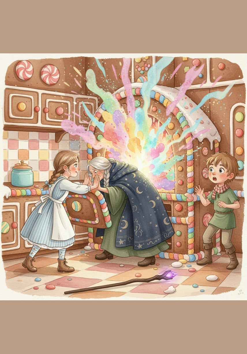 With a quick maneuver, Gretel tricks the witch into checking the temperature of the large candy oven. As the witch leans in, Gretel pushes her inside, causing a burst of colorful sparkles and harmless smoke to fill the room.