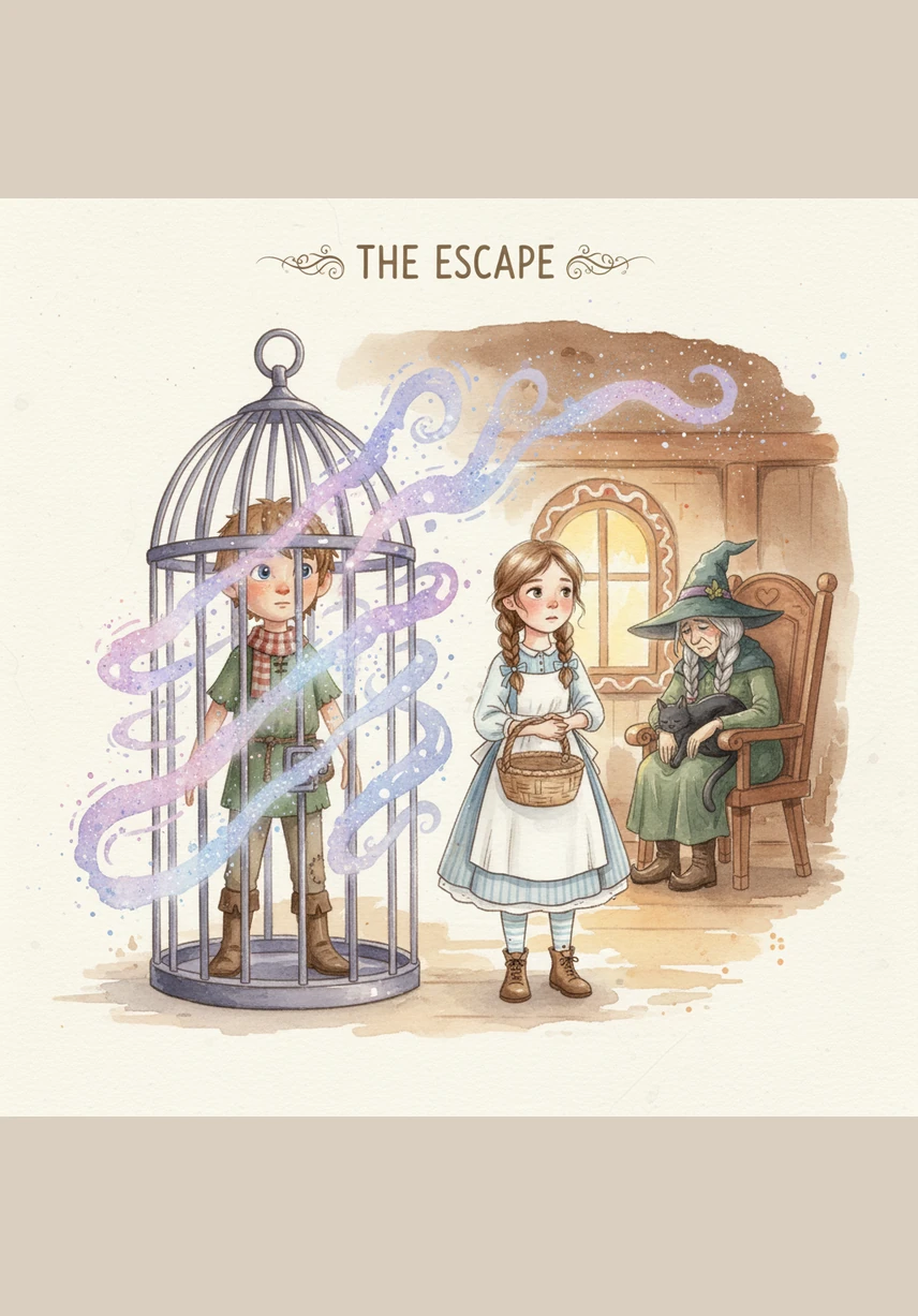 Hansel is instantly freed from his cage, and the energy bars dissolve into a shower of gold coins and sparkling gems. The siblings quickly gather the treasures, filling their pockets with the magical loot.