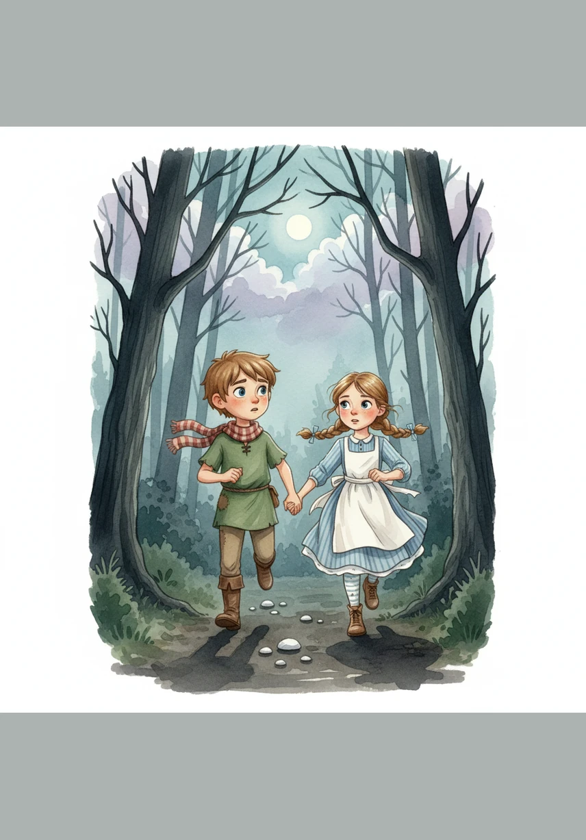 Following the trail of glowing pebbles through the misty woods, the two children run toward the edge of the forest. The trees seem to part ways for them, and the moonlight guides their path back to safety.