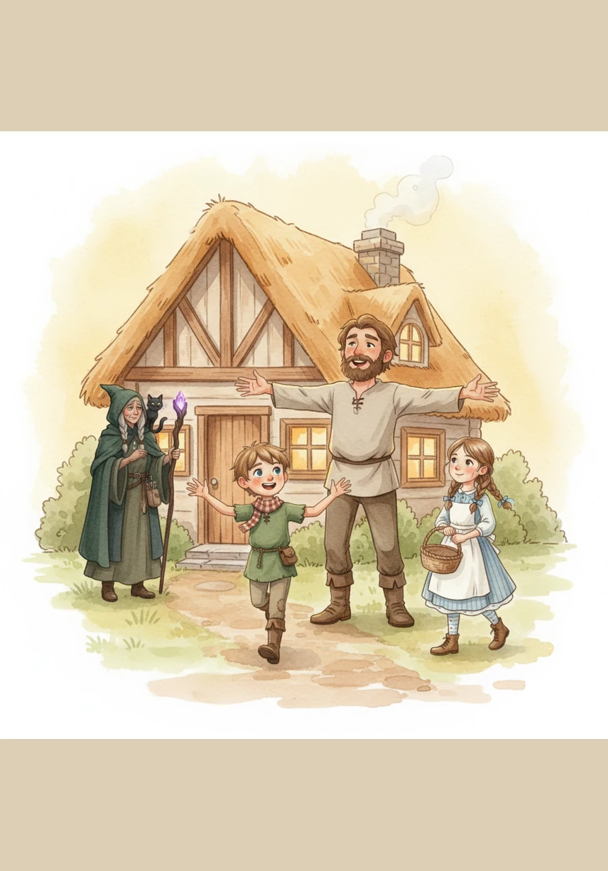 They finally reach their cozy cottage where their father waits with open arms and a heart full of joy. The family is reunited in a warm, golden glow, safe at last after their incredible 3D adventure.
