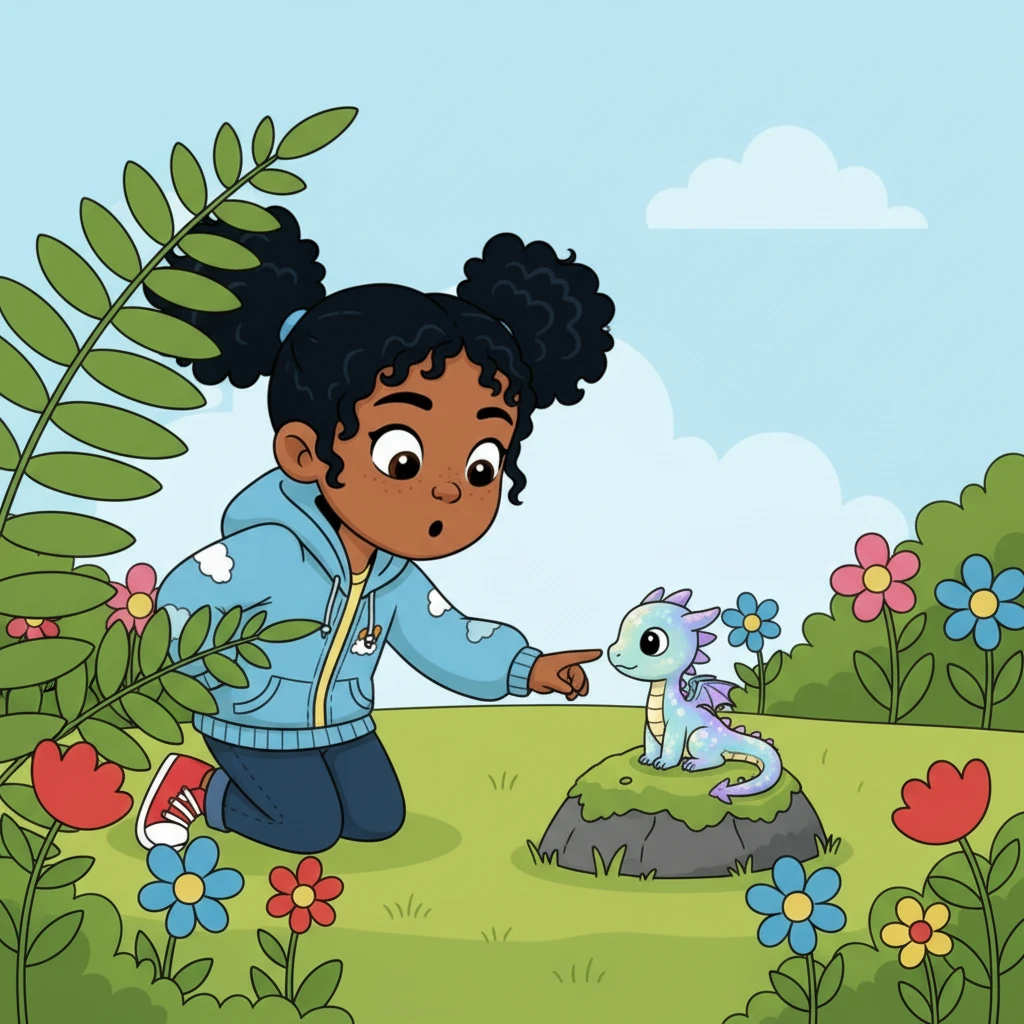 Peeking from beneath a large, leafy fern, Luna discovers a tiny, adorable pastel dragon with shimmering scales and wide, innocent eyes. The dragon is no bigger than her hand, looking up at her shyly.