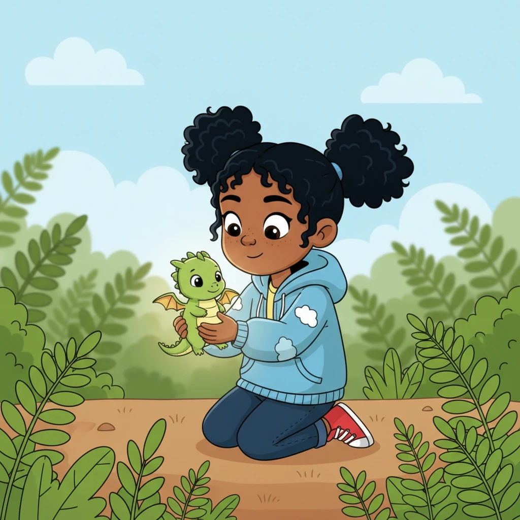 Luna gently scoops up the dragon, who she names Pip. Pip wiggles with delight, his tiny wings fluttering. A soft, glowing warmth emanates from him as Luna smiles warmly.