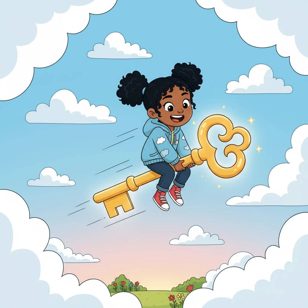 Suddenly, Pip grows slightly larger and hovers in the air, beckoning Luna. With a giggle, Luna holds onto Pip's back as they soar into the sky, past fluffy white clouds, leaving her backyard behind.