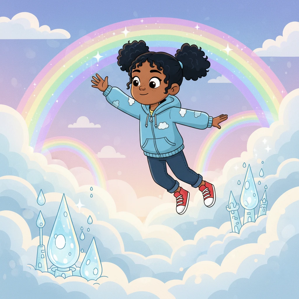 They arrive at a breathtaking Cloud Kingdom, a whimsical land made entirely of soft, glowing clouds, adorned with rainbow arches and sparkling dewdrop castles. Luna's eyes are wide with wonder.