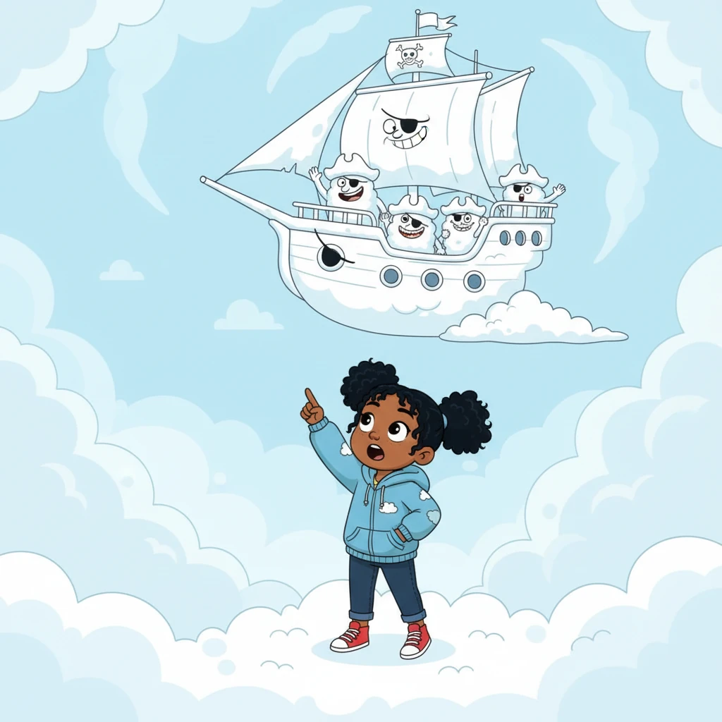 Their peaceful journey is interrupted by a band of goofy-looking cloud pirates, with silly eye patches and oversized cloud hats, flying a puffy pirate ship. They look mischievous but not truly scary.
