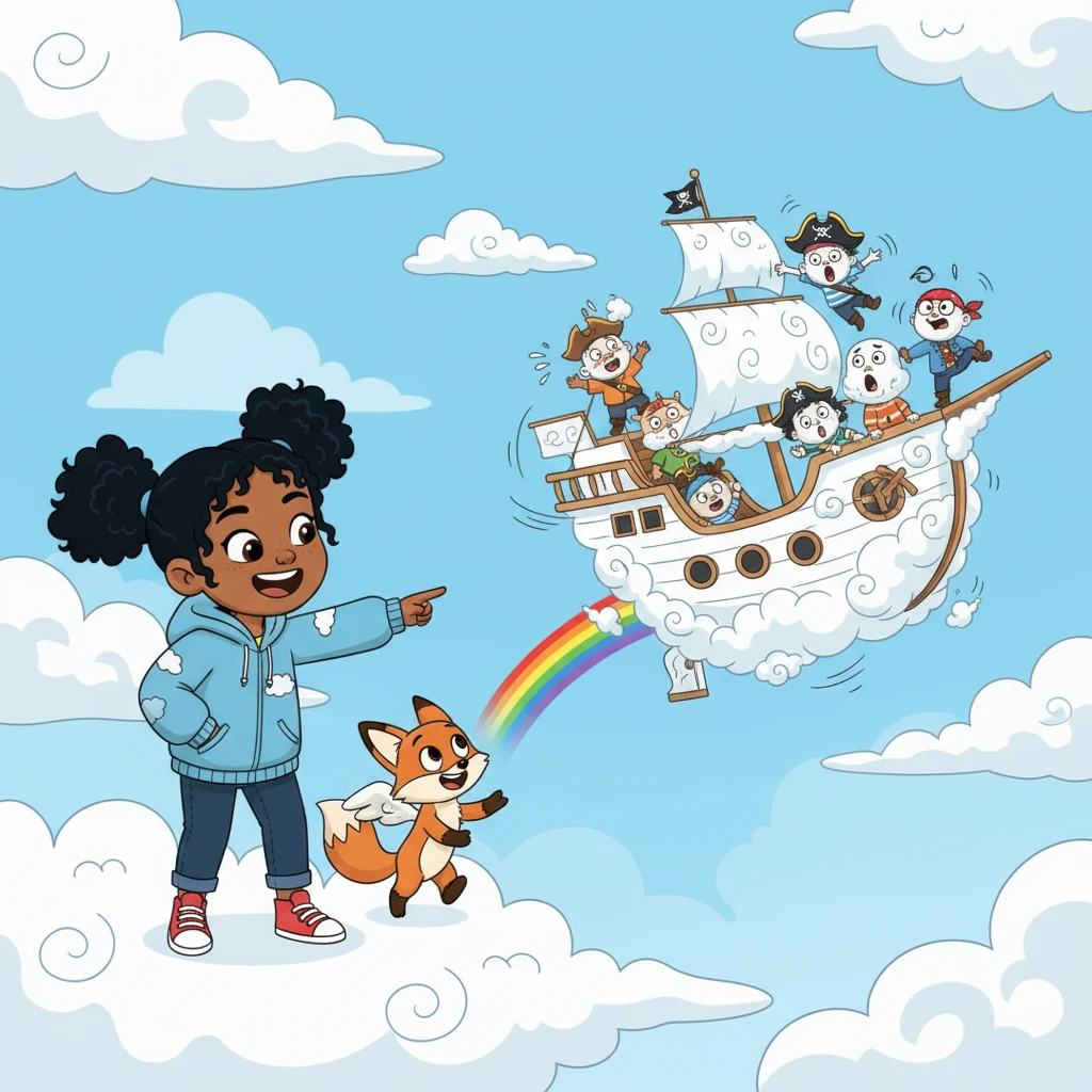 The rainbow spark gently bounces the cloud pirates and their ship far away, sending them spinning harmlessly into the distance with comical expressions. Luna and Pip giggle at the unexpected turn of events.
