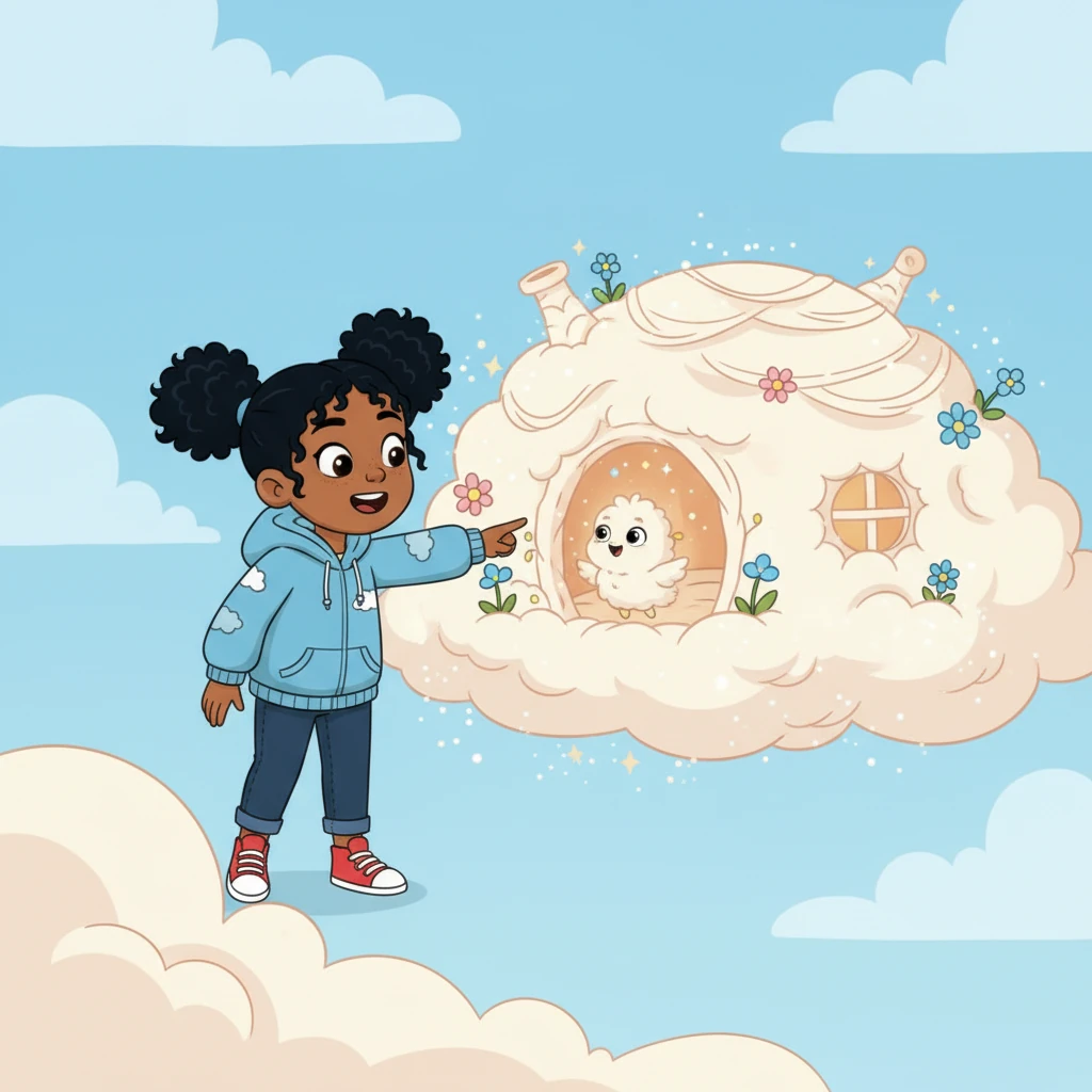 Pip leads Luna to his cozy cloud home, a snug little nest built into a soft cloud, decorated with shimmering stardust and tiny glowing flowers. It looks incredibly warm and inviting.