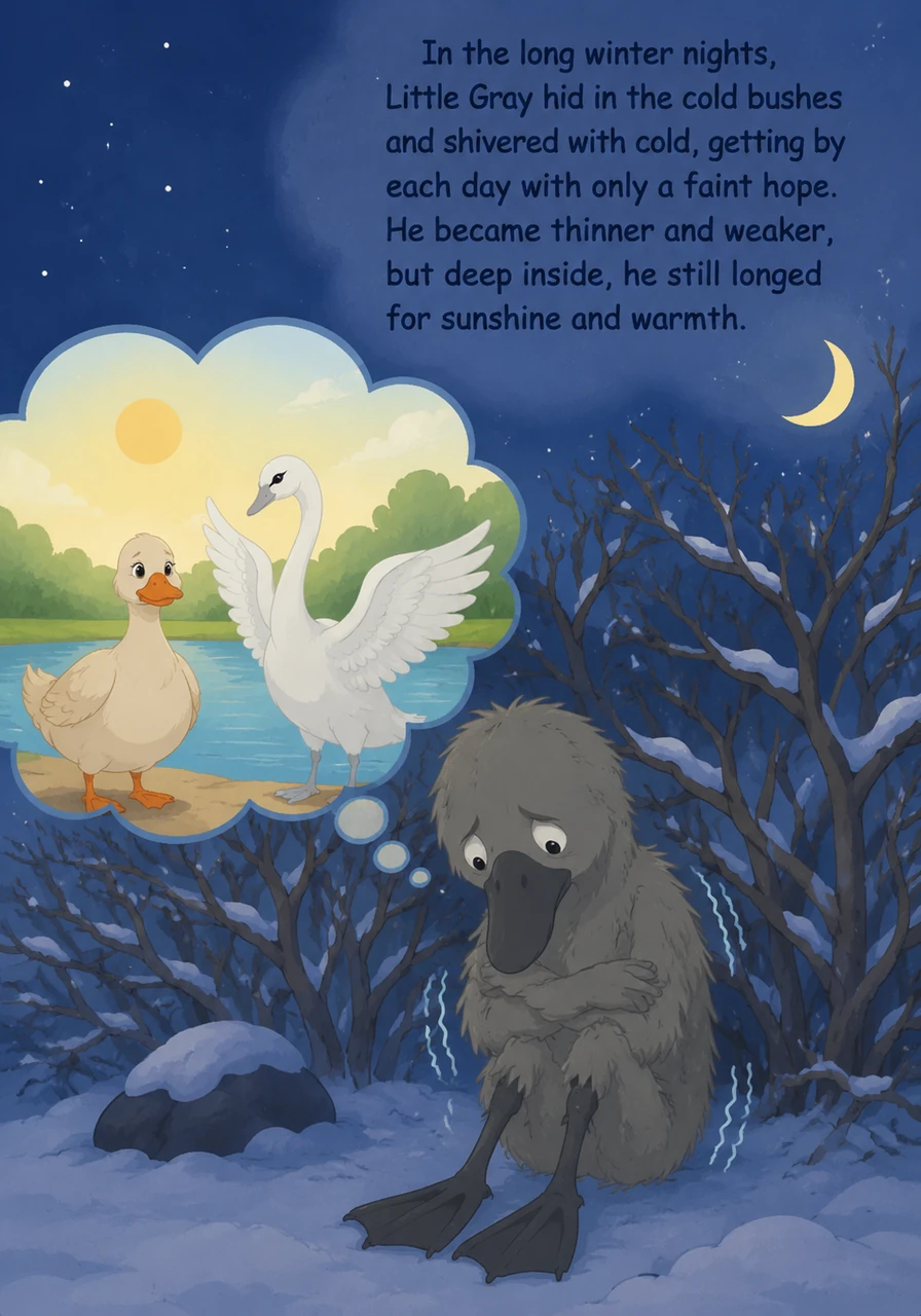 漫长的冬夜里，小灰躲在冰冷的树丛中瑟瑟发抖，靠着微弱的希望度过每一天。他变得越来越瘦弱，但内心深处依然渴望着阳光和温暖。