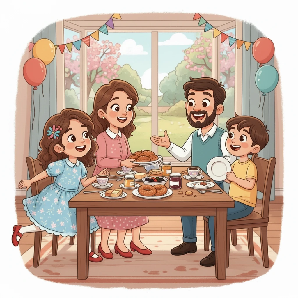 Babası ve annesi kahvaltıyı hazırlamıştı. Ailece kahvaltı ettikten sonra, babası “Haydi, büyüklerimizi ziyaret edelim,” dedi. Elif heyecanla yerinden fırladı, bayram ziyaretlerine başlamak için sabırsızlanıyordu.