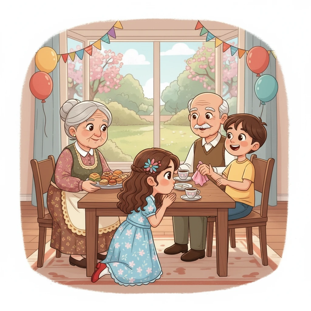 İlk ziyaret, Elif’in anneannesi ve dedesine oldu. Onların ellerini öptüler ve “Bayramınız kutlu olsun!” dediler. Dede, Elif'e pembe bir mendil verdi ve içinde bayram harçlığı olduğunu söyledi. Anneanne ise tatlı hazırlamıştı.
