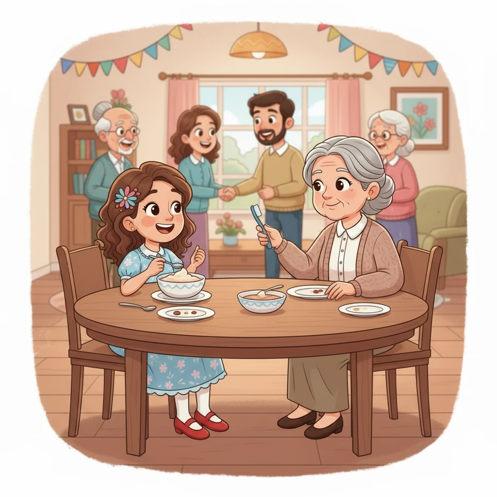 Anneannesi Elif'e tatlısını verirken, “Dişlerini fırçalamayı unutma!” diye tembih etti. Elif tatlısını yerken gülümsedi. Daha sonra diğer akrabalarını da ziyaret ettiler, bayramlaşmanın mutluluğunu yaşadılar.