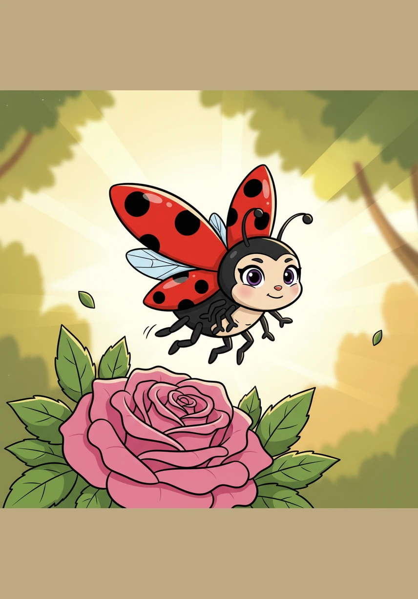 Malá lienka Lili s lesklými červenými krídlami a siedmimi čiernymi bodkami sa rozhodla, že dnes je ten správny deň na veľký výlet. Opustila svoj bezpečný domov na ružovom kríku a s nadšením vzlietla do teplého ranného vzduchu.