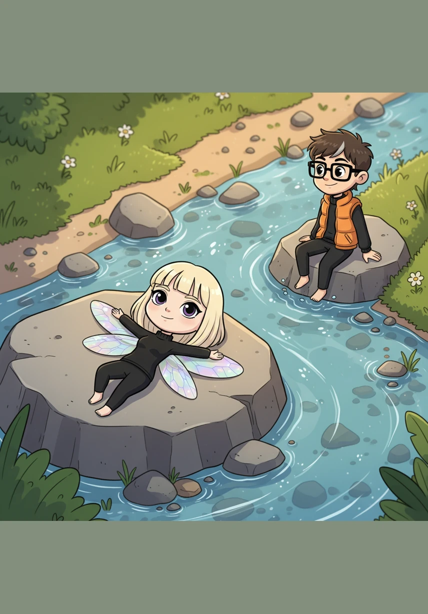 Po dlhom lete si Lili potrebovala oddýchnuť, a tak pristála na veľkom plochom kameni hneď vedľa zurčiaceho potôčika. Slnko príjemne hrialo jej krovky a voda ticho spievala svoju nekonečnú pieseň medzi okruhliakmi.