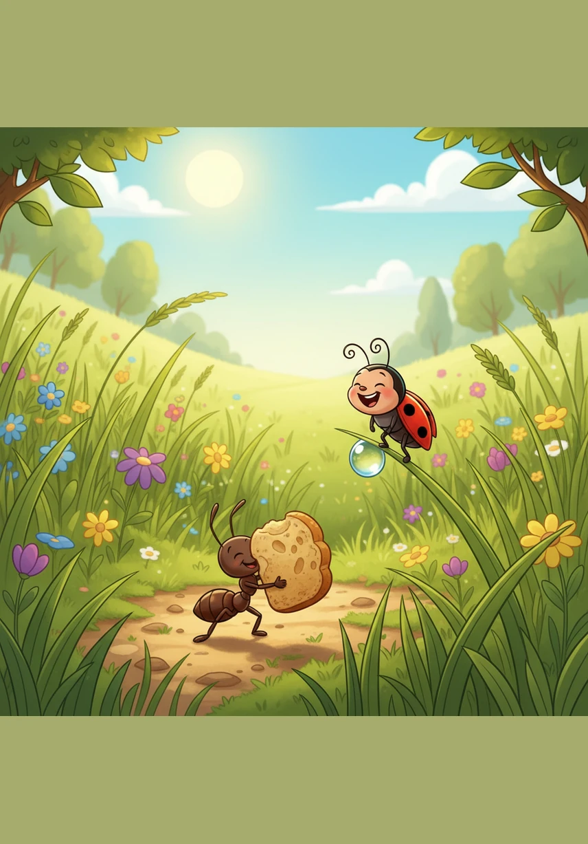 Náhle si v tráve všimla malého mravca menom Max, ktorý sa trápil s obrovskou omrvinkou chleba, oveľa väčšou než bol on sám. Max sa snažil zo všetkých síl, nohy sa mu zabárali do hliny, ale náklad bol príliš ťažký.