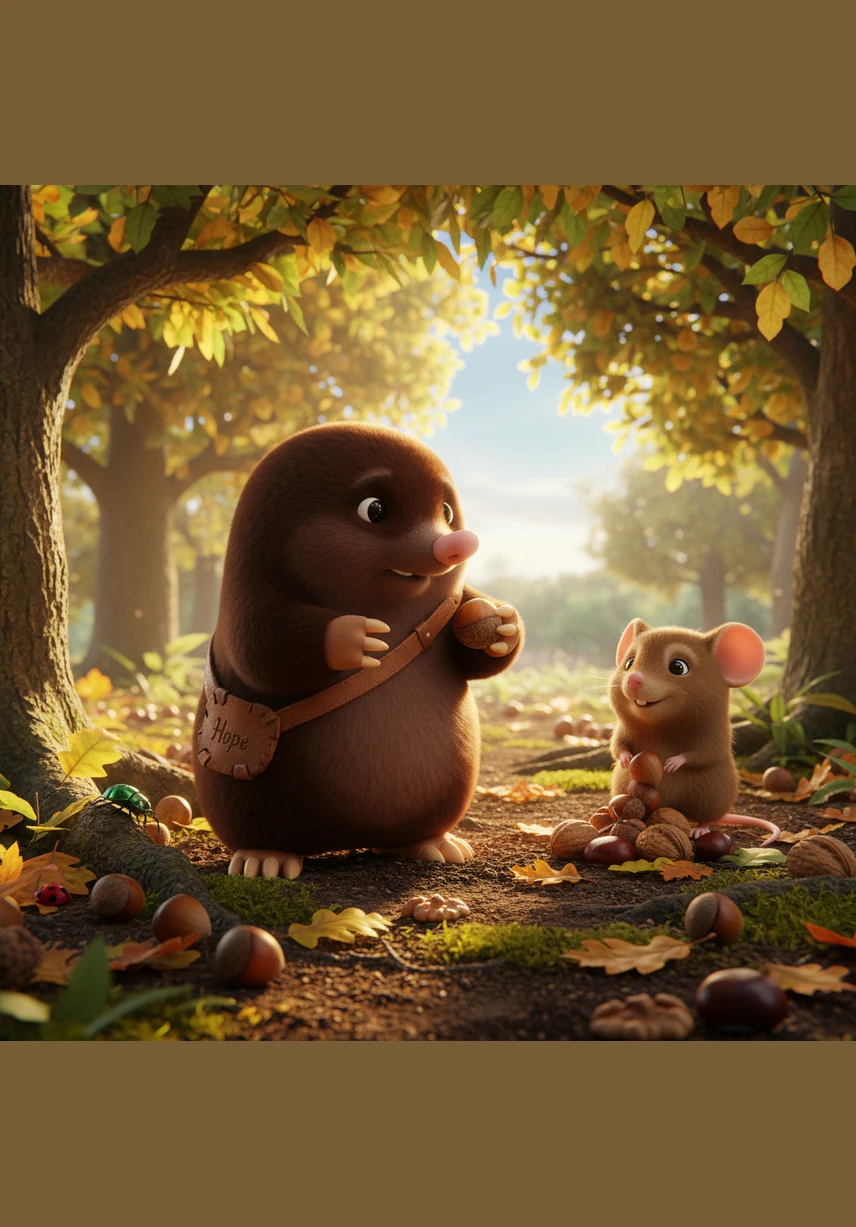 Deep in the heart of a sunny nut grove lives a gentle mole named Hope. She spends her days exploring the soft earth beneath the tall, leafy trees.