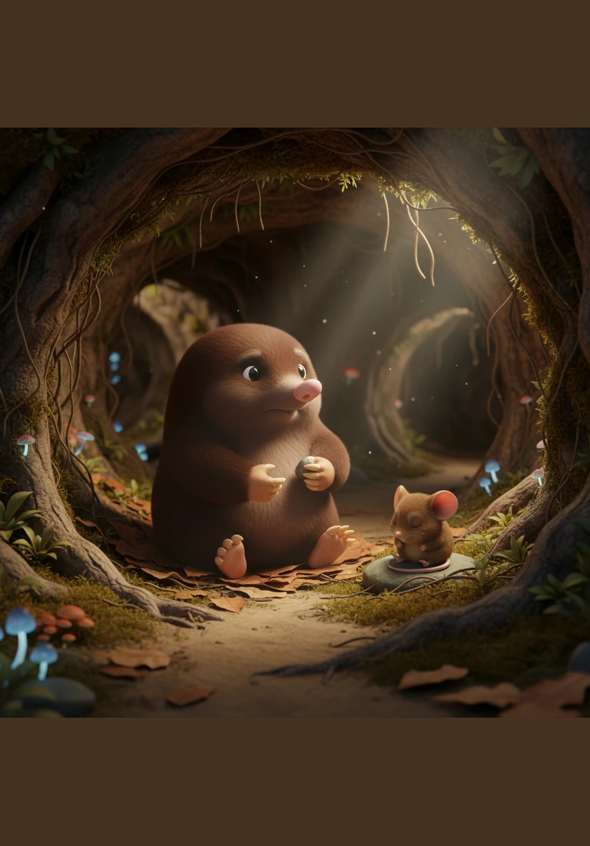 While the grove is full of life, Hope is the lone mole who lives there. She enjoys the quiet peace of her solitary home under the roots of the ancient trees.