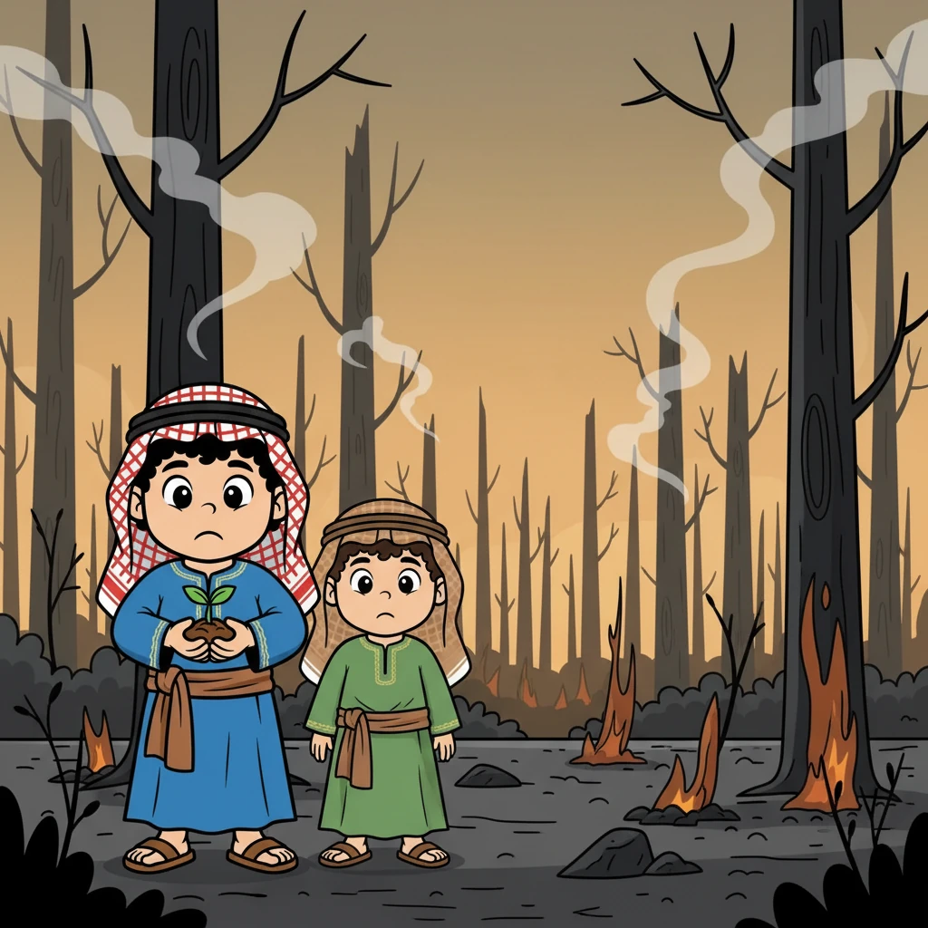 سلمان ومشعل يقفان عند أطراف غابة محترقة بعد حريق ضخم. سلمان: يا مشعل! لا أصدق أن هذه هي الغابة التي كنا نلعب فيها! كل شيء احترق! مشعل: نعم، يا سلمان… النار التهمت الأشجار والحشائش، حتى الحيوانات رحلت. هل يمكن أن تعود الغابة للحياة؟