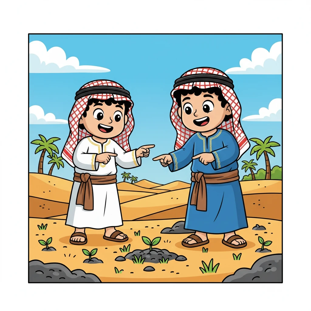 بعد أسابيع، يعودان إلى المكان نفسه. سلمان: انظر هناك! أعشاب صغيرة تنبت بين الرماد! مشعل: فعلاً! يبدو أن الجذور القديمة لم تمت تمامًا. بدأت الحياة تعود ببطء!