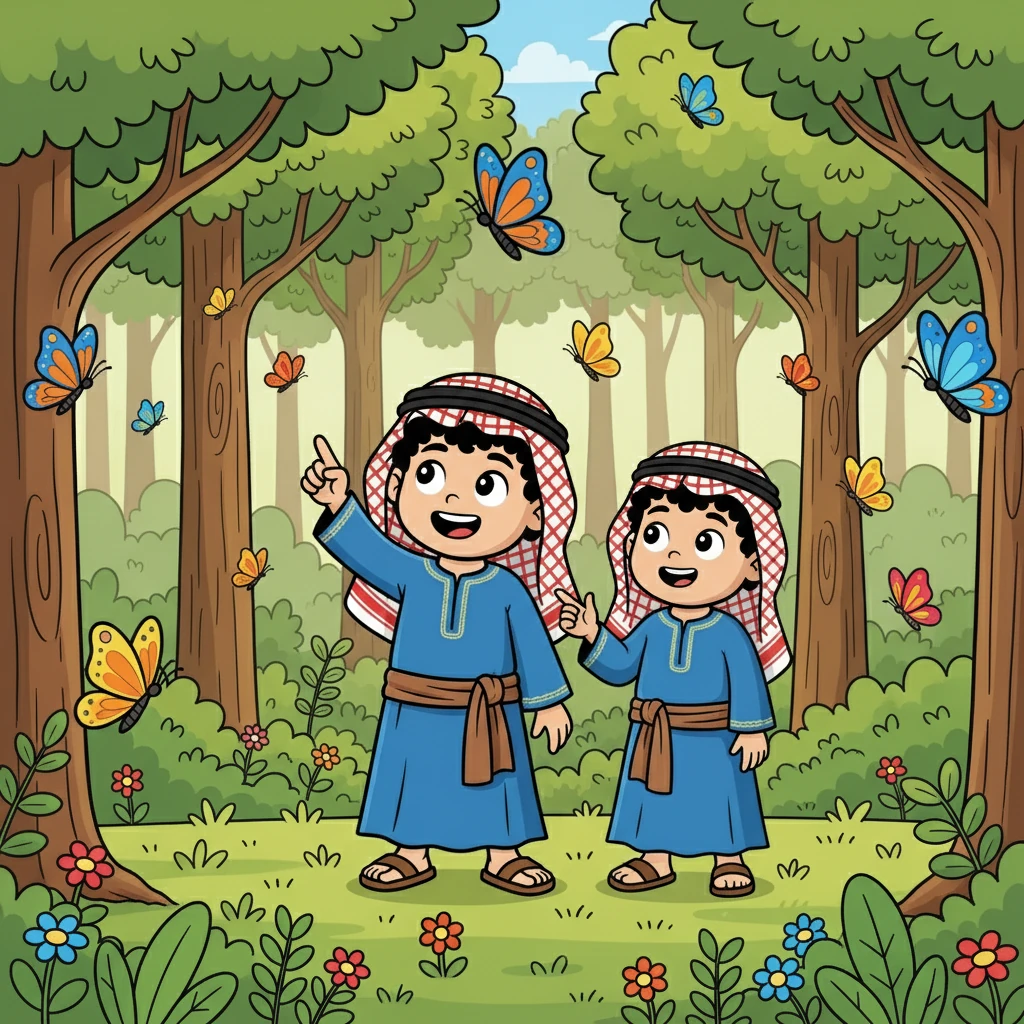 مشعل: انظر إلى الفراشات! إنها تعود! سلمان: نعم، يبدو أن الغابة تتذكرنا وتعيد بناء نفسها.