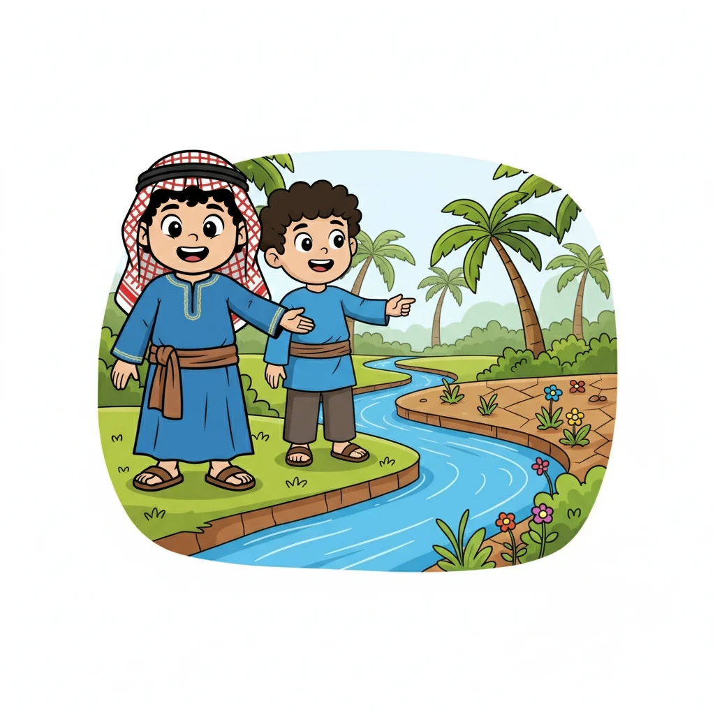 في يوم من الأيام، وجدوا نهرًا صغيرًا يتدفق في الغابة. سلمان: يا مشعل، انظر! الماء! مشعل: إنه يعيد الحياة إلى الأرض الجافة.