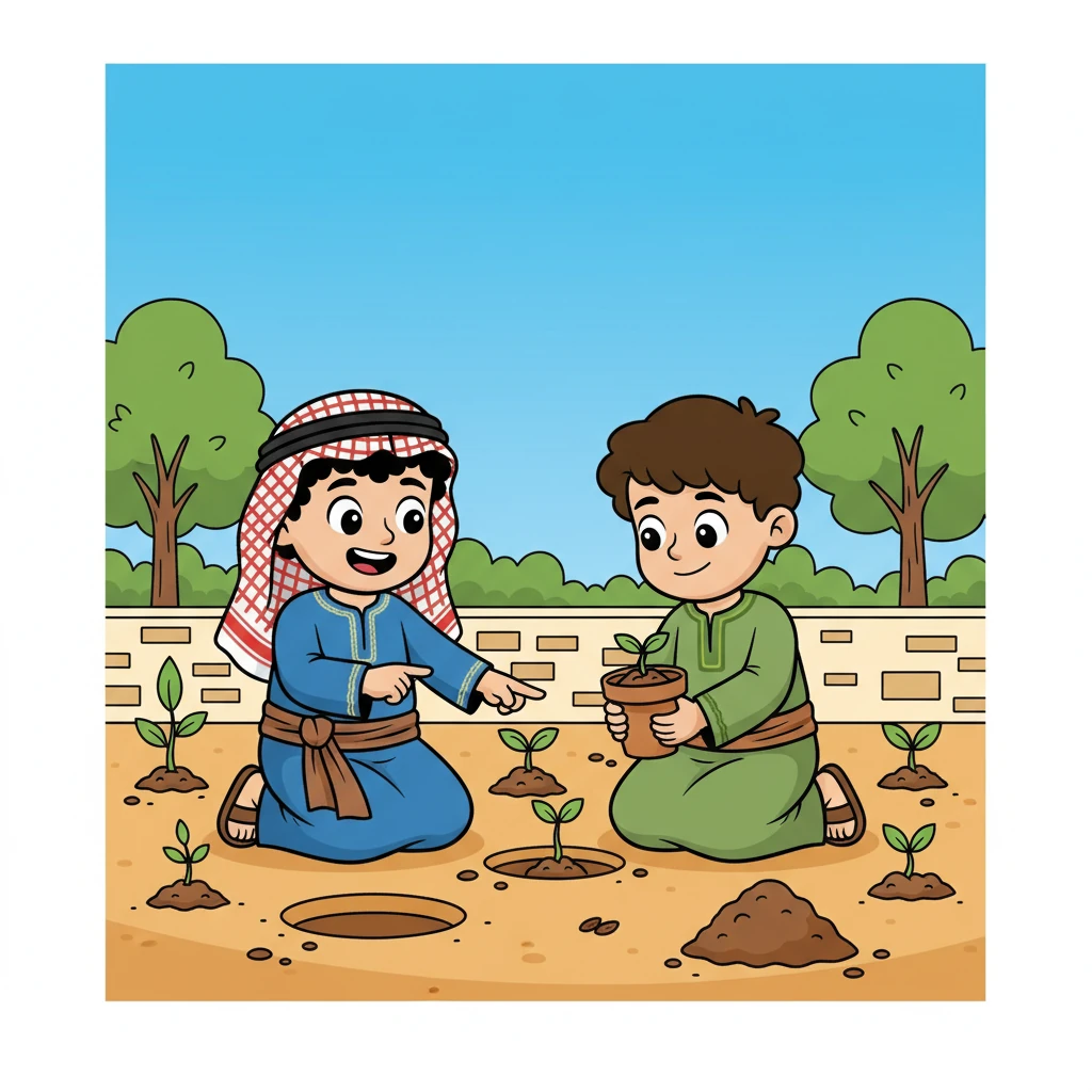 بدأوا في زراعة بذور الأشجار التي يعرفونها. سلمان: هذه البذور ستصبح أشجارًا كبيرة! مشعل: وسنعتني بها.