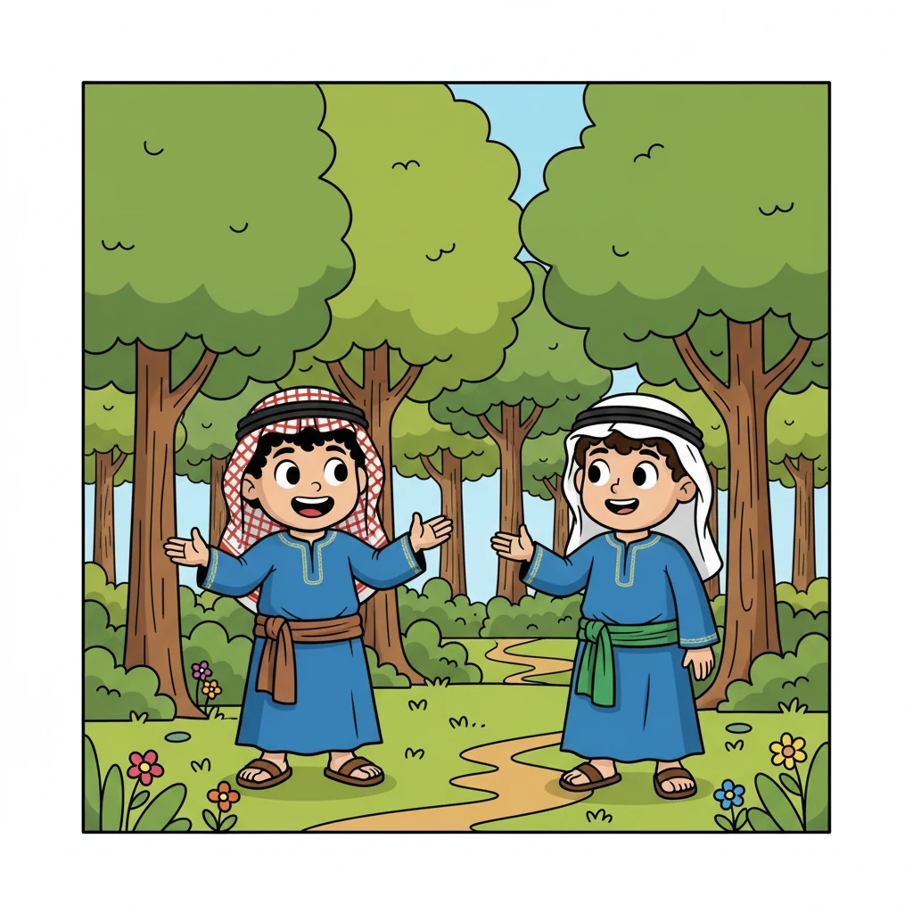 مرت سنوات، وأصبحت الغابة أكثر خضرة من أي وقت مضى. سلمان: انظر إلى الأشجار! لقد كبرت! مشعل: نعم، لقد عملنا بجد.