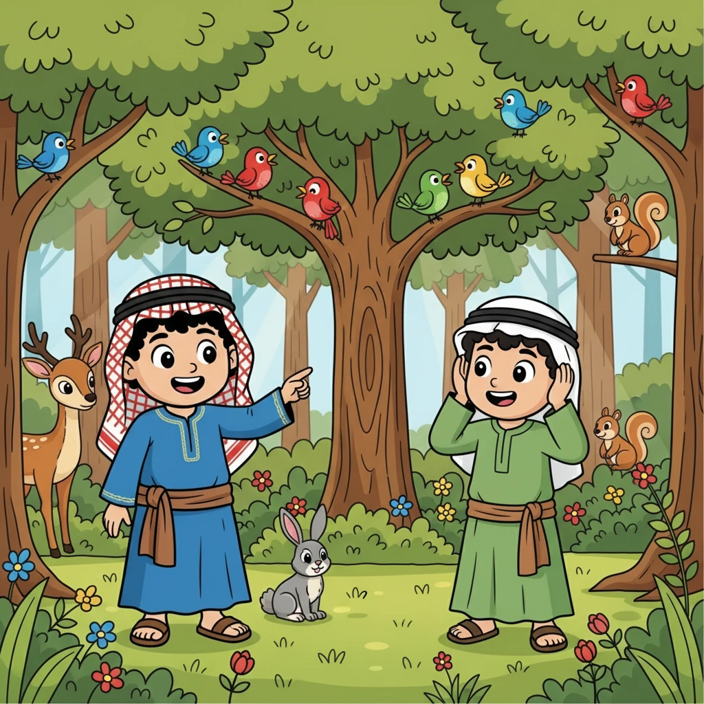 الآن، الغابة مليئة بالحيوانات مرة أخرى. سلمان: انظر إلى العصافير! مشعل: إنها تغرد بأجمل الألحان.