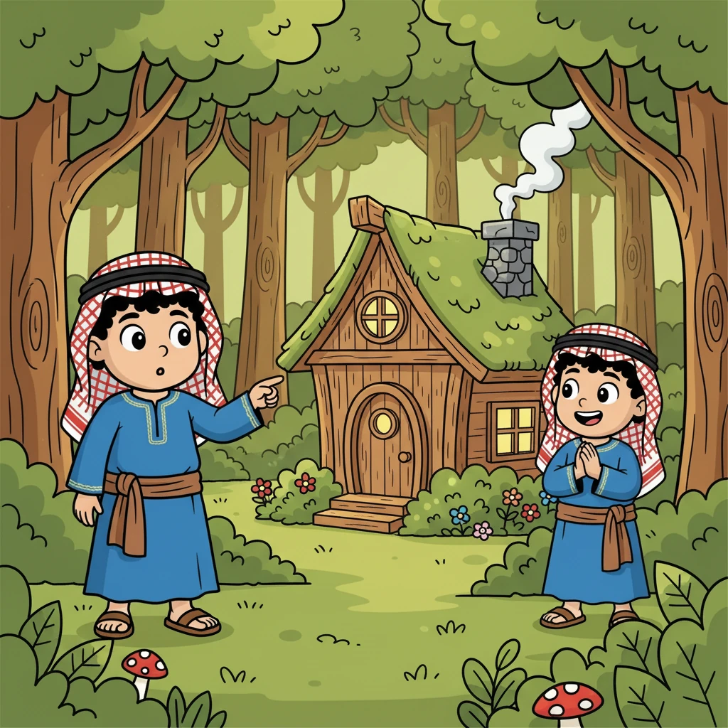 في يوم من الأيام، وجدوا منزلًا صغيرًا في الغابة. سلمان: من يعيش هنا؟ مشعل: ربما هو منزل حارس الغابة!