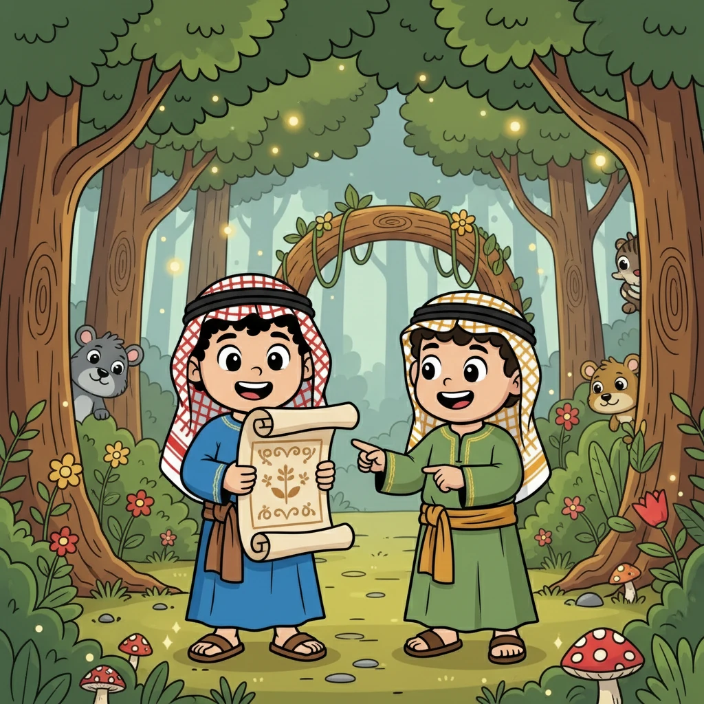 عندما دخلوا، وجدوا رسالة تقول: "شكرًا لكم على مساعدتكم في إعادة الغابة للحياة". سلمان: لقد أنقذنا الغابة! مشعل: نعم، فعلنا ذلك معًا!