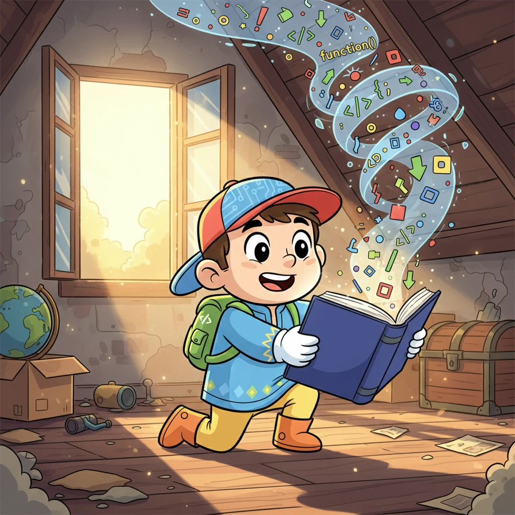 Күн жарқырап тұрған бір таңда, көңілді Алмас есімді бала ескі шатырдан жарқыраған кітапты тауып алды. Оның мұқабасында «Веб-кодтаудың әліппесі» деген жазу бар екен. Кітаптан түрлі-түсті код символдары ұшып шығып, оны сиқырлы әлемге шақырғандай болды.