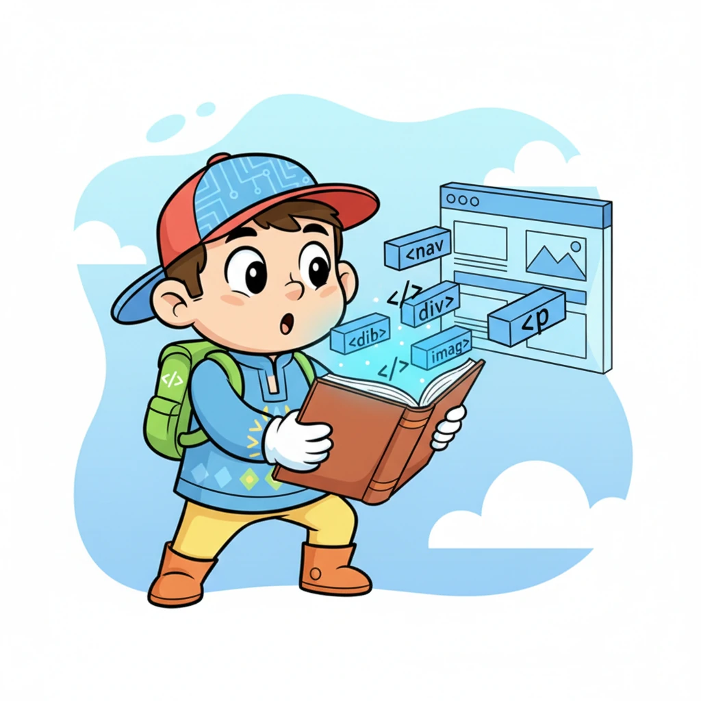 Алмас кітапты ашқанда, алдындағы экранда HTML тегтері пайда бола бастады. Олар кірпіштер сияқты бірігіп, қарапайым, бірақ берік веб-сайт қаңқасын құрады. Алмас таңданыспен қарап, сайттың қалай пайда болғанын бақылады.