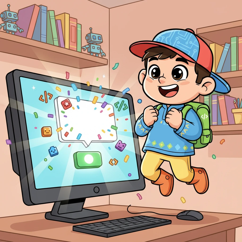 Кітап JavaScript бөліміне келгенде, Алмас экрандағы батырманы басты. Бір сәтте, экранда «Құттықтаймын! Сенің алғашқы кодың жұмыс істеді!» деген хабарлама пайда болды. Алмас қуаныштан секіріп, кодтың қаншалықты сиқырлы екенін түсінді.