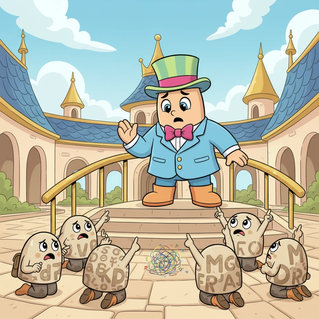 Într-o zi, din Satul Acțiunilor, un grup de cuvinte mici și confuze au venit la palat. "Ajutor, Rege Indicativ!" au strigat ele. "Nu știm când se întâmplă acțiunile noastre! Totul este o mare încurcătură!" Regele a ascultat cu atenție, înțelegând problema lor.