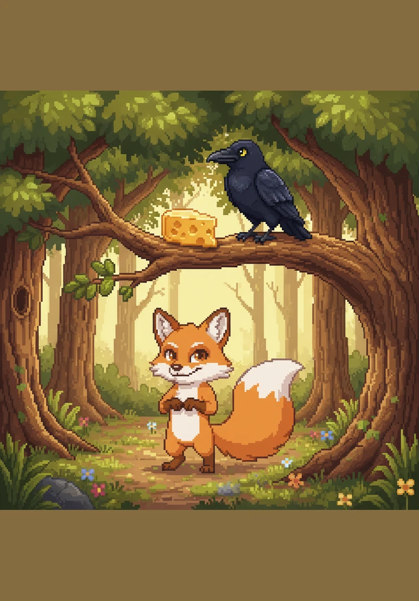 Felix the Fox was wandering through the sun-dappled forest when a delicious scent caught his nose. High up in an ancient oak tree, a large wedge of golden cheese sat perfectly on a thick branch.