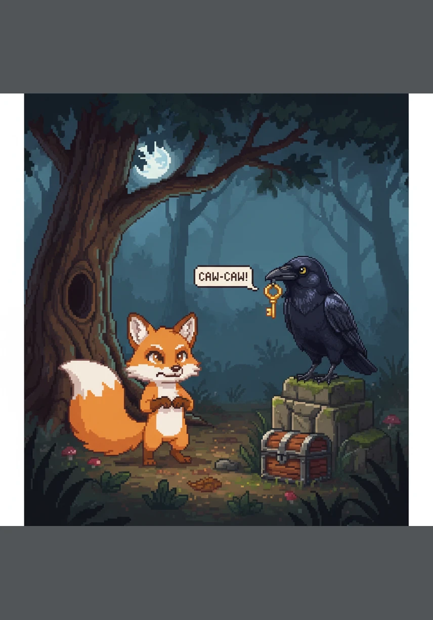 Just then, a glossy black crow swooped down from the sky and landed right next to the cheese. She picked it up in her beak, looking very proud of her find, while Felix watched from below with a mischievous grin.