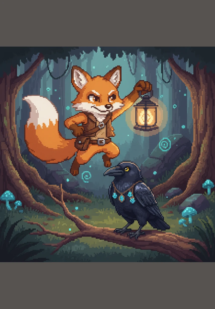 The crow watched the fox's silly performance with a tilted head, looking quite amused by his antics. She let out a muffled sound of surprise, but she kept her beak clamped firmly around the delicious wedge of cheese.