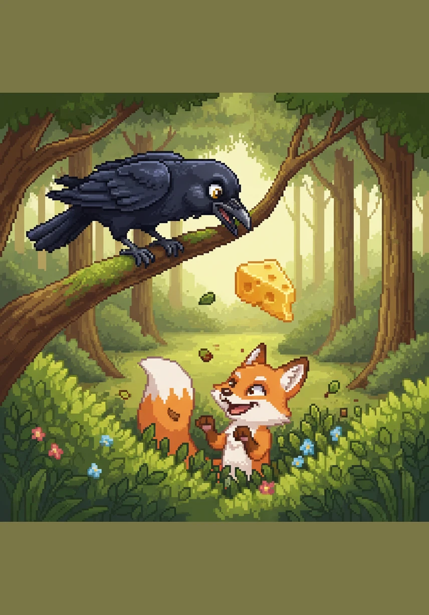 Curiosity finally got the better of the crow, and she hopped down to a lower branch to see what the fox was talking about. As she leaned forward to peek into the bushes, the cheese slipped from her beak and tumbled through the air.