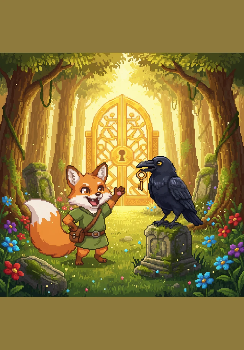 The golden cheese landed softly in a patch of emerald green moss right at Felix's feet. He looked at the cheese and then up at the disappointed crow, who realized she had been tricked by her own curiosity.