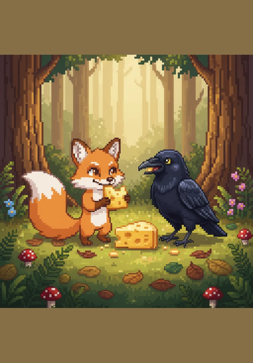 Instead of running away with the prize, Felix invited the crow down to share the feast together on the forest floor. They both enjoyed the cheese and spent the rest of the afternoon telling stories, discovering that a shared meal tastes much better.