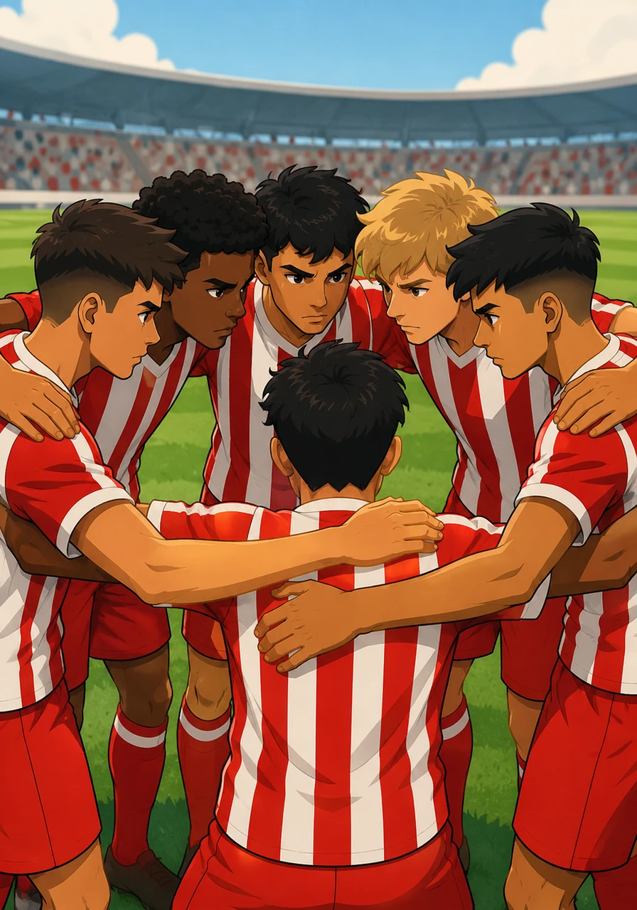 During a difficult match, the red and white team fell behind by two goals, but nobody hung their head or blamed a teammate. Instead, they linked arms, looked into each other's eyes, and resolved to fight back together until the final whistle.