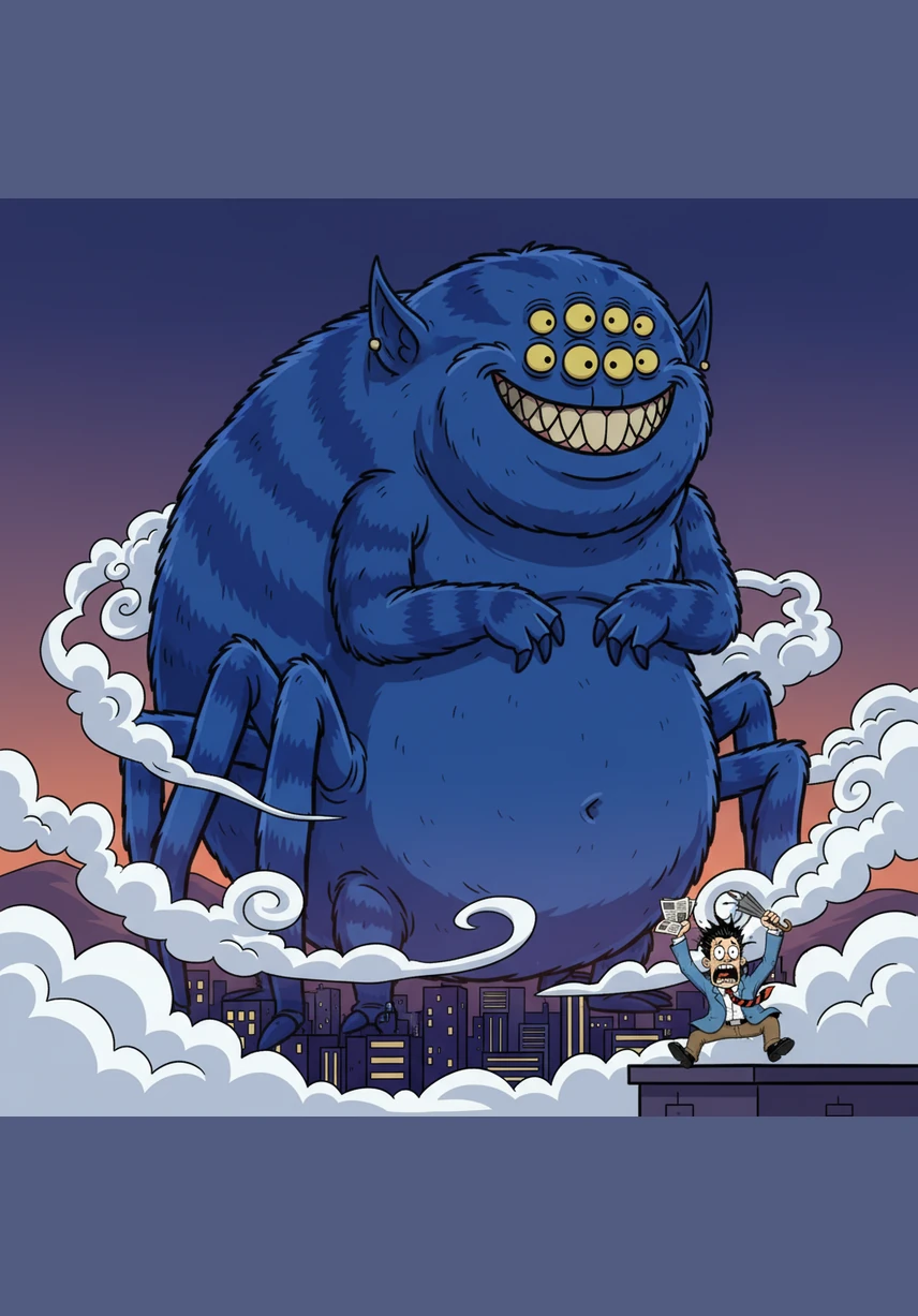 A massive blue figure with six pointy ears rises above the distant hills, silhouetted against the evening sky. Bob the spider-monster is so large that the clouds drift around his many legs as he approaches the city.