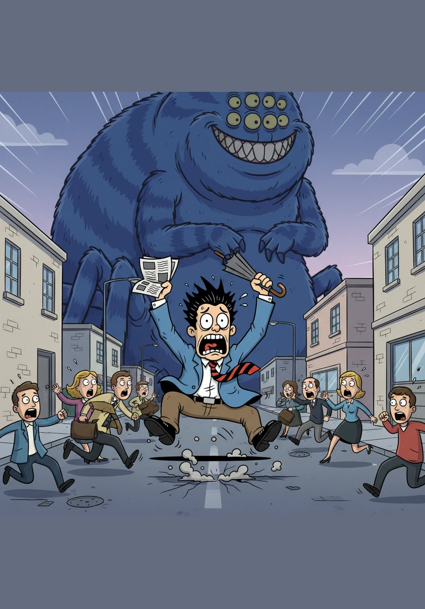 As Bob takes his first heavy step onto the city pavement, a thunderous boom echoes through the streets. People scream in panic, scattering in every direction to escape the giant blue shadow looming over them.