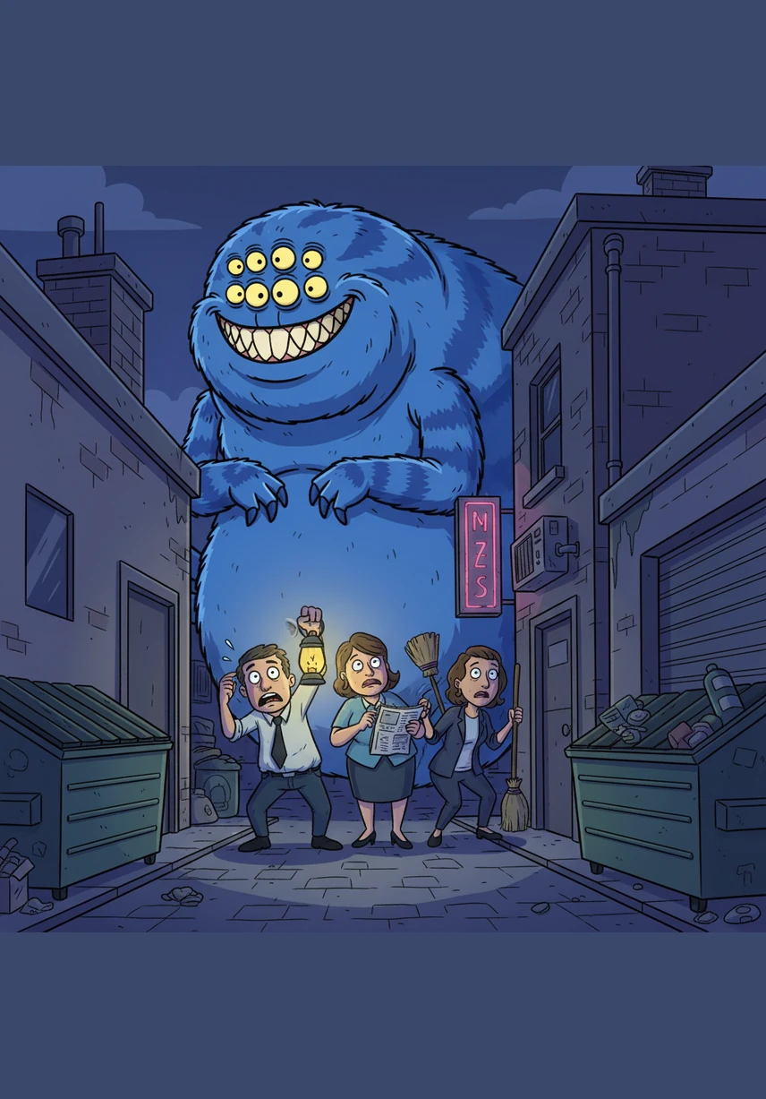 Under the cover of night, Bob’s glowing eyes peek around the corners of dark alleys. To stay alive, the citizens must stay awake all night, watching the rooftops for any sign of the blue giant moving through the dark.