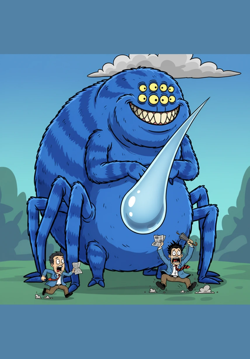 A group of people watches from a distance, realizing that Bob is bigger than the entire city itself. They know that trying to fight him is useless, so they focus on finding the best places to hide where he cannot reach.