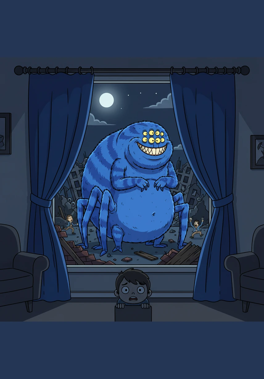 From the safety of a dark living room, a child peers through the curtains at the massive blue spider standing among the ruins. The lesson is clear to everyone in the city: stay inside, stay quiet, and never ever mess with Bob.