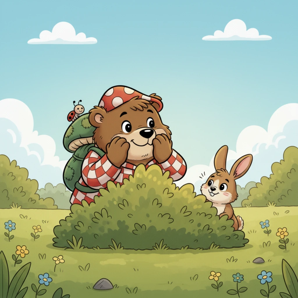 Ein kleiner, neugieriger Hase lugte hinter einem Busch hervor und kicherte leise. Big Boo versteckte sein Gesicht in seinen großen Pfoten.